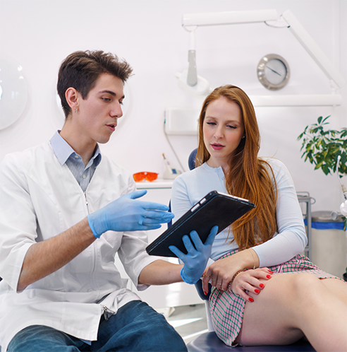 Dentist showing tablet to female patient
