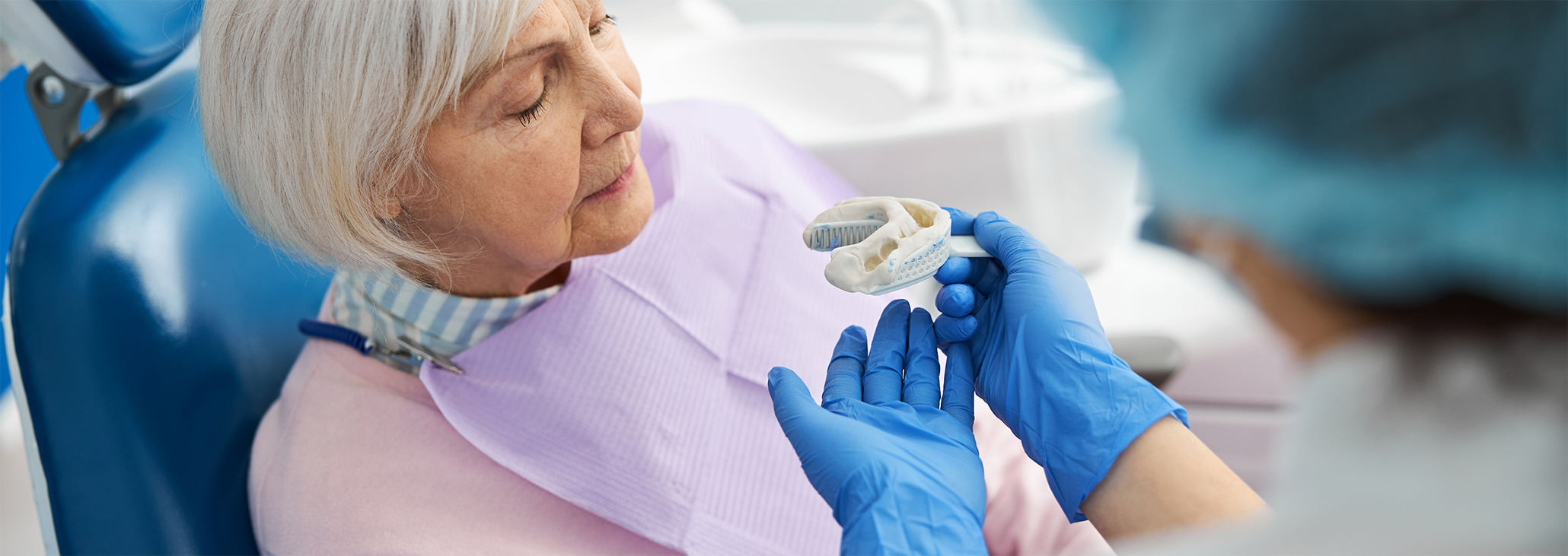 Dentist with gloves holding model of teeth