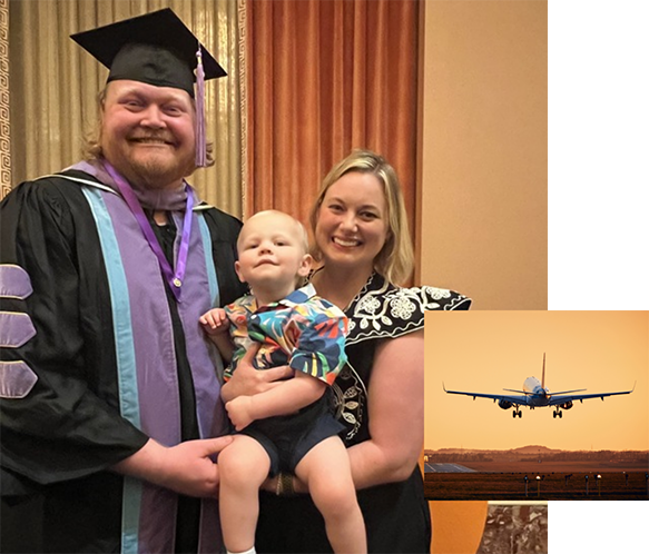 Dr. Boyles in graduation cap with wife and child